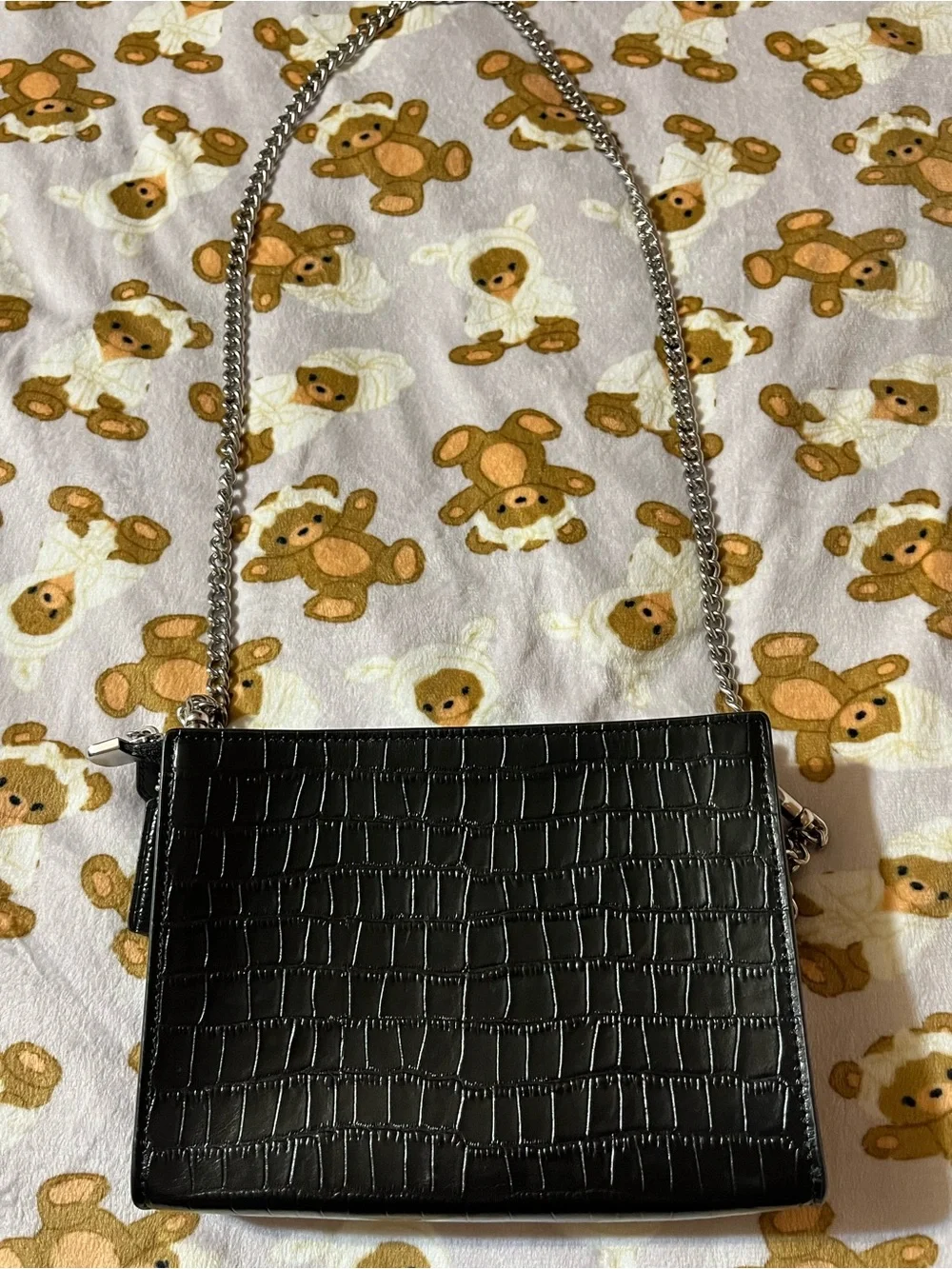 Coach Black Croc-Embossed Crossbody with Silver Chain